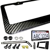 BGGTMO Carbon Fiber License Plate Frame - 100% Real Carbon Cloth Wrapped Stainless Steel Metal, Slim Car Tag Holder with Anti-Theft Screws & Caps (1 Pack 2 Hole)