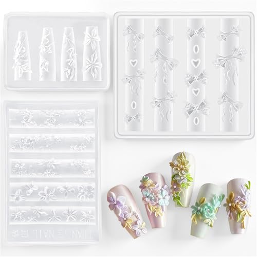 YBEATY 3Stück 3D Blumen Nagelformen Silikonformen Nagelkunst Silikonform Silikonformen Gießformen Blumendeko Schnitzvorlage Frühlingsund Sommerblumen Nagelform Design DIY für Zubehör Nagelzubehör