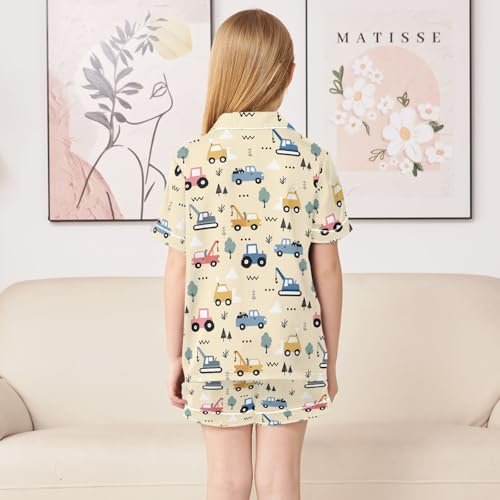 Cute Cartoon Colorful Cars Yellow Summer Satin Pajama Set, Cute Button-Down Sleepwear Pj Set for Sleep Wears4