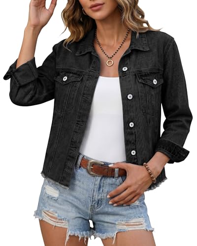 Luvamia Women's Denim Jacket - Black Jean Jacket, Long Denim Outfit for Women, Fall Jackets - Graphite Black, Size Large (Fits Size 12-14)