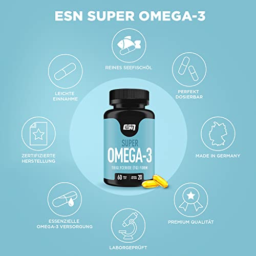 ESN Super Omega-3, 60 Kapseln, hochdosiert Fischöl mit 400 mg EPA und 300 mg DHA pro Kapsel