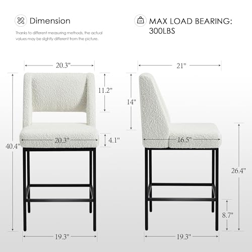 Image of Zesthouse Counter Height Stools Set of 4, Upholstered Boucle Fabric Barstools with Backs, 26 inch Modern Bar Chairs for Kitchen Island, Counter Height Chairs with Extra Thick Cushion & Metal Legs, White