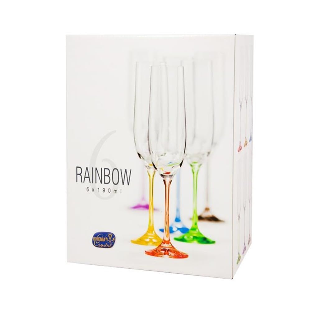 Lot de 6 verres à champagne modèle RAINBOW 24 cm. Pied couleurs assorties 19 cl.