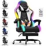 Devoko Chaise Gaming Ergonomique avec LED RGB, Massage Lombaire & Repose Pieds – Fauteuil Gamer avec Appui tête réglable – Dossier inclinable & Hauteur Ajustable – 180 kg – Blanc
