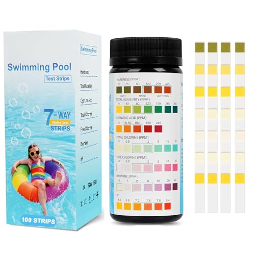 QYDMIN Tiras de teste de piscina 7 em 1 para spa, 100 unidades, PH e cloro, dureza da água, tiras de teste de valor de PH, para pH total, dureza total da água, cloro livre, alcalinidade total bromo