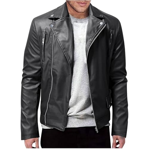 Maiyifu-GJ Mens Faux Leather Biker Jacket Vintage Asymmetric Zip Motorcycle Jackets PU Lightweight Punk Belted Slim Coat