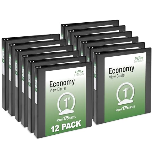 Office Essentials Economy View 3 Ring Binders 1 Round Rings 1.4 Spine 175-Sheet Capacity Black Binders (12-Pack of 03425)