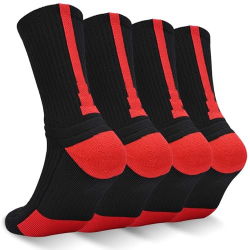 Finerview Men Basketball Socks, 4 Pack Cushion Performance Crew Athletic Socks for Adult & Youth Kids, Red, Large