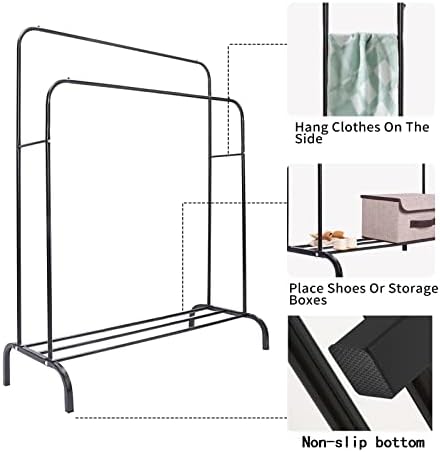 PUNKYOUTH Clothes Rail Heavy Duty Double Rods Clothes Rack for Bedroom Metal Free Standing Hanging Clothing Rails for Clothes with Shelves