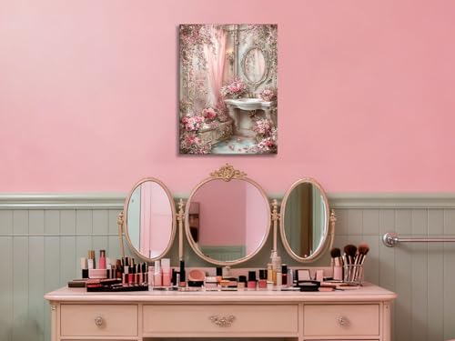 Image of Frimeeme Vintage Pink Bathroom Canvas Wall Art, 12 x 16 In, Ready To Hang