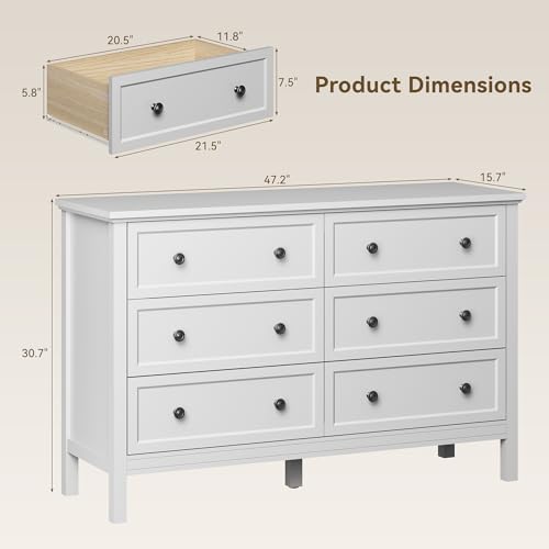 Image of LYNSOM White Dresser for Bedroom, 6 Drawer Dresser with Wide Drawer and Metal Handles, Wood Dressers & Chests of Drawers for Hallway, Entryway