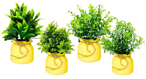 Image of Dekorly 4pcs Artificial Pot Flowers Small Fake Plants with Pot Mini Potted Plants for House Office Tabletop Decoration (Yellow)