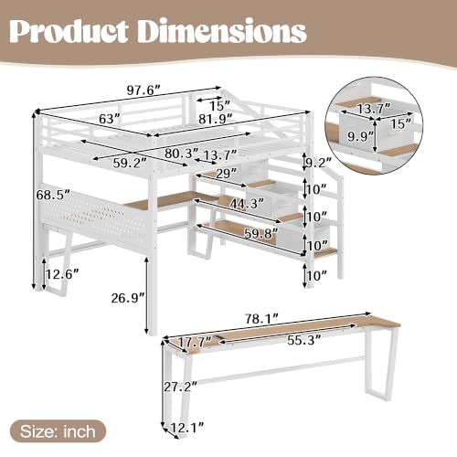 Image of Bellemave Queen loft Bed with Movable Desk and Storage Stairs, Shelves, Metal Loft Beds with LED Lights, USB Ports, Multifunctional Iron Nets for Adults, Kids, Teens, White