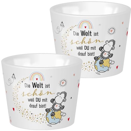 Sheepworld Eierbecher mit Motiv "Die Welt ist schön, weil du mit drauf bist", mit Golddruck | Porzellan, Höhe 4,3 cm, Durchmesser 5,2 cm | lustiges Geschenk, Frühstück, Ostern | 48525 – Bild 3