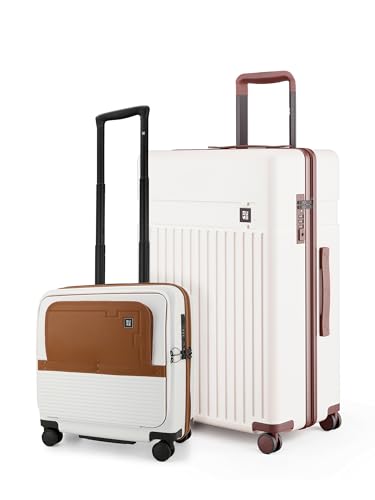 Image of EUME Overnighter Pro 18 inch Cabin & Classic 75cm Check-in Luggage Set, Polycarbonate (PC) Trolley Bags with Laptop Sleeve, 8 Hinomoto Wheels, Mocha White