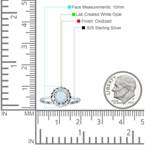 Blue Apple Co. Art Deco 10mm Round Lab Created Opal Floral Ring Oxidized Lotus Flower Mandala Ring Statement Wedding Engagement Boho Rings For Women 925 Sterling Silver4