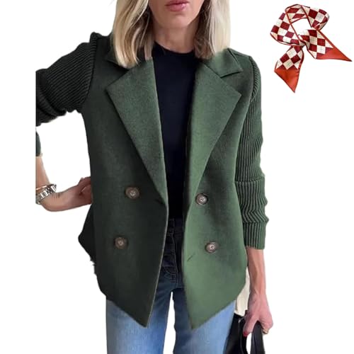 2025 New Women's Lapel Button Knitted Patchwork Sleeve Casual Coat Cropped,Pea Coat Double Breasted Blazer Sweater for Women