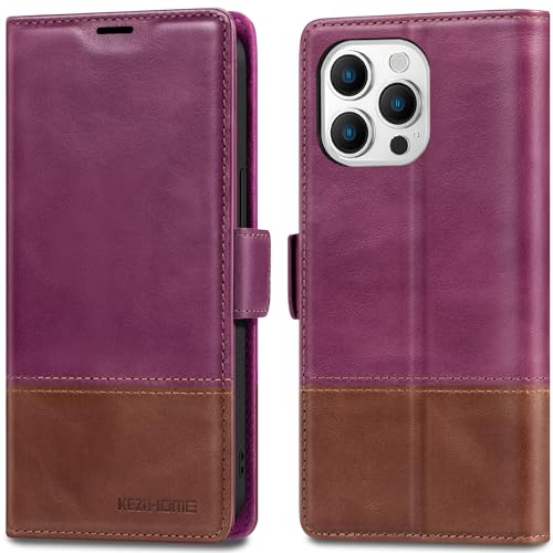 KEZiHOME Compatible with iPhone 15 Pro Case, [RFID Blocking] Genuine Leather Wallet Case [Credit Card Holder] [TPU Inner Shell] Shockproof Stand Flip Cover for iPhone 15 Pro 6.1'' (Purple/Brown) - image 1