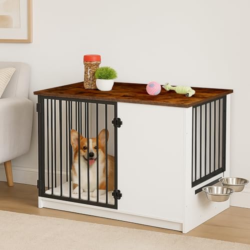 Relaxdays Hundekäfig, für Zuhause, HBT: 65,5x102x60 cm, Hundemöbel, 2 drehbare Näpfe, Hundebox, MDF & Stahl, weiß/braun