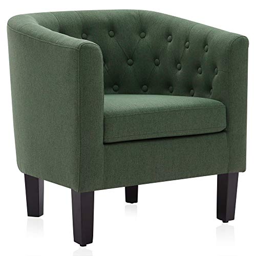 Image of BELLEZE Green Accent Chairs for Living Room, Elegant Arm Chair Upholstered Tufted Barrel Chair Club Chair for Bedroom with Sturdy Legs and Linen Fabric - Berlinda (Green)