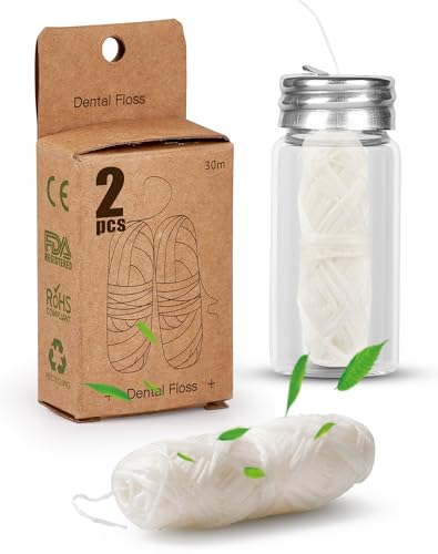 NETONDA 2 x 30 m, hilo dental sostenible, 60 m, hilo dental natural, en cristal, dispensador de hilo dental, limpiador interdental, hilo dental, menta, vegano, cuidado dental ecológico, encerado con