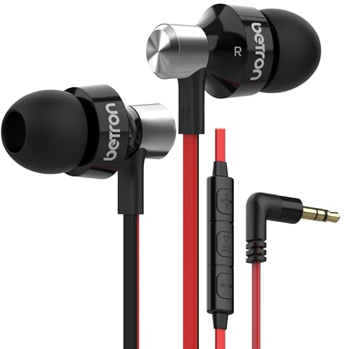 Betron DC950HI In-Ear Headphones and Earphones with 11.5mm Drivers, Noise Isolation, In-Line Microphone, Volume Control, and 3.5mm Jack, Lightweight Wired Earbuds with Multiple Ear Tips, Black