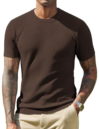 COOFANDY Camiseta de Punto para Hombre Manga Corta Básica de Verano Cuello Redondo Café L