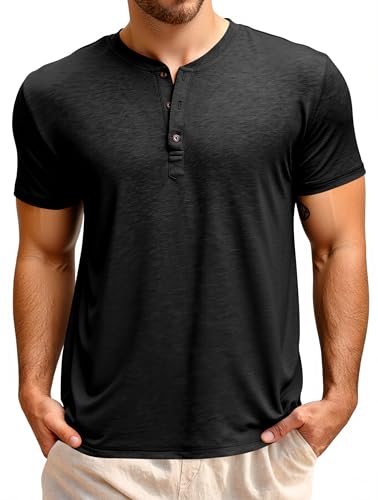 Runcati Herren T-Shirt Kurzarm Henley Shirt Sommer Regular Fit Oberteile Männer Rundhals Einfarbig Basic Hemd Casual Tee Tops mit Knopfleiste Schwarz XL
