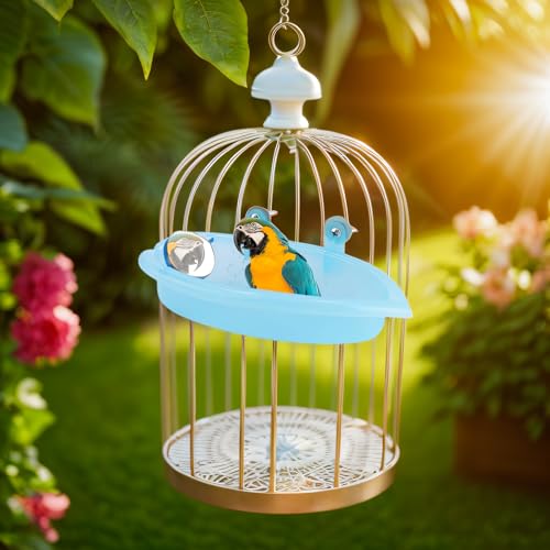 Image of Pssopp Bird Bathtub, Hanging Bird Bath Cube Cute Pet Bird Bathing Box Bird Shower Bathtub Accessories with Mirror pet Bird Bath Parakeet Bird Bath Bird Cage Toy Accessory Blue