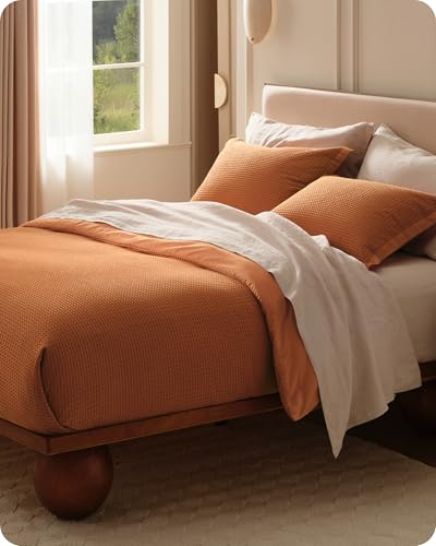 Image of Bedsure Cotton Duvet Cover Queen Size - 100% Cotton Waffle Weave Terracotta Duvet Cover Queen Size, PureWoven Breathable Bedding Set for All Season, 3 Pieces, 90 inchx90 inch