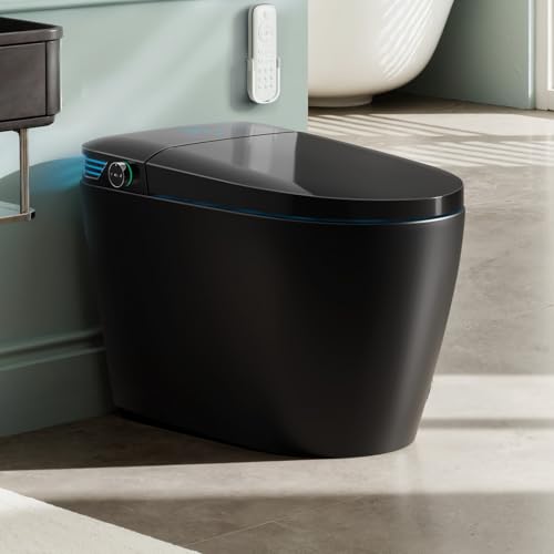 BCANHOME Black Smart Toilet Tankless Bidet Toilet with Auto Open/Close Lid Heated Seat Warm Wash & Dryer Night Light Soft-Close Modern Elongated One Piece Toilets 1.28 GPF