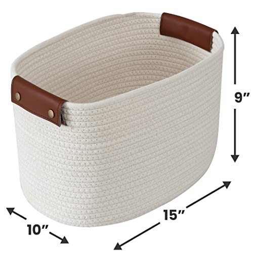 Organizix 3 Pack Woven Cotton Rope Shelf Storage Basket With Leather Handles, Baby Nursery Storage Bin Organizers, Closet Shelf Storage - 15 X 10 X 9, Cream #TOP6