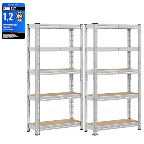 SONGMICS Schwerlastregal, 2er Set, Kellerregal, 30 x 75 x 150 cm, bis 875 kg belastbar, einfache Montage, Lagerregal, verstellbare Ablagen, Lagerregal, silbern GLR451E01