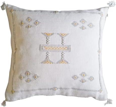 Moroccan Pillow Cover 20x20 - Cactus Silk Pillow , Off White Throw Pillow , Hand Woven Decorative Sabra Cushion. Great for Boho and Moroccan Decor - Cover Only