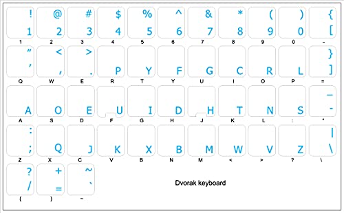 Dvorak Simplified Keyboard Stickers with Blue Lettering ON Transparent Background