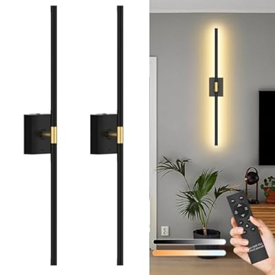 Black Battery Operated Wall Sconce, Cordless Rechargeable Wall Sconces Set of 2 with Remote Control, Modern 4CCT Dimmable Wall Lamps Battery Operated for Bedroom Living Room 31.5 Inch