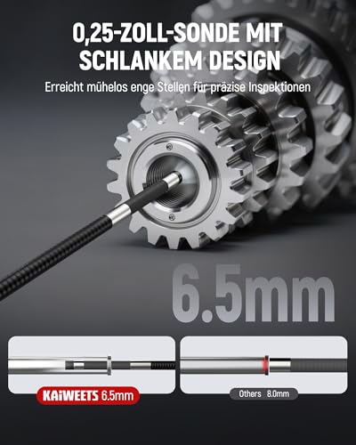 KAIWEETS Endoskopkamera mit Licht, 2-Wege artikulierte 210° Sonde (6,5 mm) mit Scrollradsteuerung, 1080P IPS-Display, 1,6 m halbstarres Kabel, IP67 wasserdicht, für Auto, Heizung, Sanitär & Industrie
