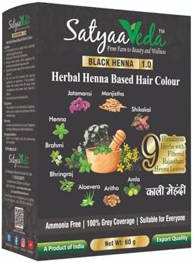 SatyaaVeda Natural Black Ammonia Free Herbal Hair Colour with 9 Ayurvedic Herbs- Amla, Reetha, Shikakai, Aloevera, Bhringraj, Brahmi | Grey Coverage & Lustrous Shine | Dye for Men & Women I 60g powder