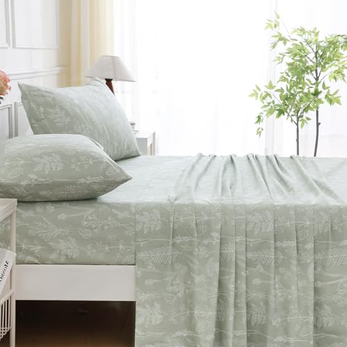 Image of 100% Natural Cotton Percale Sheets Set,Full Size 4 PC, Breathable&Durable Hotel Quality Bedding, 16 inch Deep Pocket Botanical Floral Bedsheets,Sage Green