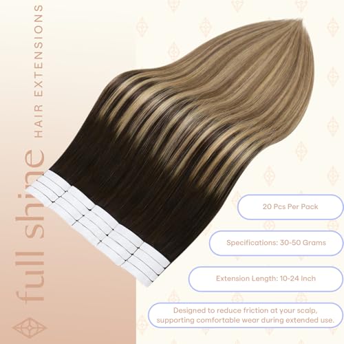 Image of Full Shine Tape in Extensions, Dark Brown Honey Blonde Ombre 22 Inch | 50g 20PCS, Seamless Skin Weft Hair Extensions Tape in, Invisible Soft Finish Add Length Dimensional Honey Brown Styling