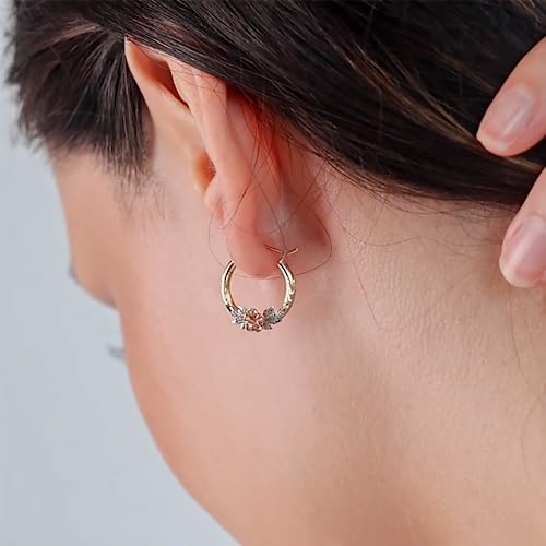 Hoberta Tricolor Rose Gold Hoop Earrings - Real Yellow14K Gold Earring For Women Girls - Solid Jewelry For Hypoallergenic & Sensitive Ears- Shiny & Round Original 14 Karat For Gifts(17Mm) #TOP3