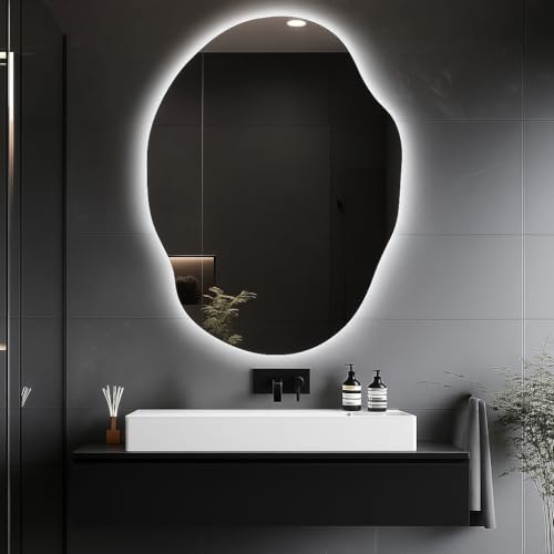 Image of MIRROR ART Irregular LED Wall Mirror 24x17 Inch - Dimmable Backlit Light, Touch Sensor - Modern Bathroom Vanity & Home Decor Mirror
