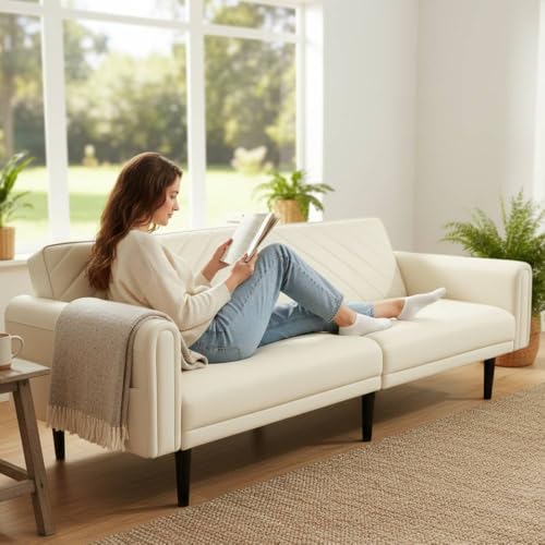 Alivio 3-in-1 Convertible Velvet Sofa Bed, Adjustable Futon Couch with Detachable Arms, Thick Cushions, Side Storage Pockets & Sturdy Wood Frame, 360kg Weight Capacity (Cream)