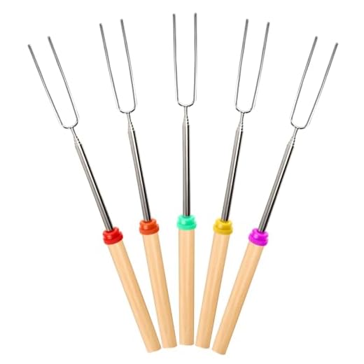 Ajmyonsp Marshmallow Roasting Sticks with Wooden Handle Extendable Forks Set of 5Pcs Telescoping Smores Skewers for Campfire Firepit and Sausage BBQ, 32 Inch