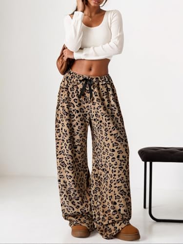 Image of VCM Leopard Print Pants Y2k High Waisted Baggy Trousers Drawstring Fluffy Cheetah Fuzzy Pajama Sleepwear