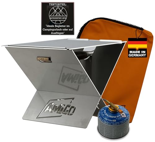 STEELTRAIL Amigo mobiler Camping Gasgrill klein & klappbar I mini Camping Grill mit Plancha inkl Trage-Tasche I perfekt für Outdoor-Fans, Camper, Balkon I Klappgrill Tischgrill made in Germany