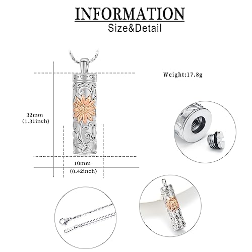 QGJNSGC Sunflower Celtic Urn Necklace Cylinder Bar Urn Necklace for Ashes Pendant Necklace Keepsake for Ashes Memory Keepsake Cremation Jewelry (Silver-rose) — view 2