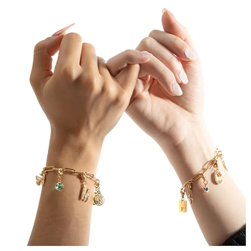 MignonandMignon Personalized Engraved Gold Charm Bracelet for Mom, Gifts for Women, Gift for Grandma, Unique Birthdays Teen Girls, Anniversaries, Graduation, Handmade Jewelry for Her - P-CHARM-MIX-BR2