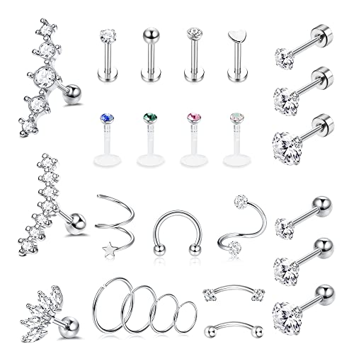 Morfetto 26pcs Helix Piercing Bijoux Acier Inoxydable Nez Lèvres Anneaux Cartilage Conque Monroe Tragus Forward Helix Piercing Dos Plat Boucles d'oreilles pour Femmes