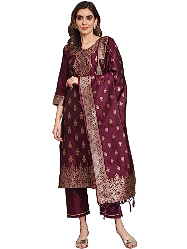 Image of VredeVogel Women's Cotton Silk Jacquard Kurta Pant Set with Banarasi Silk Dupatta